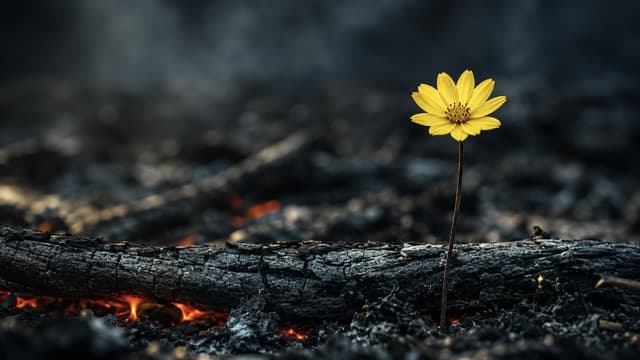 A yellow wildflower blooming from charred ground after a fire